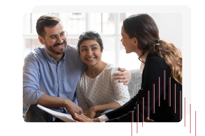 Picture of woman talking to couple with red arrow overlay